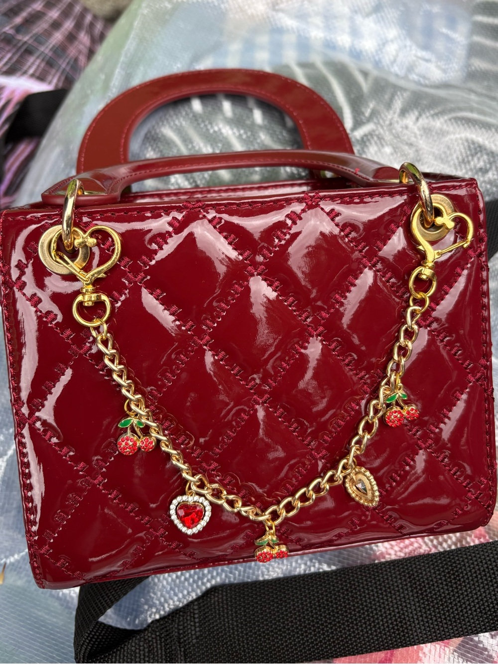Women's Red Patent Quilted Top-Handle Bag with Gold Charm Chain